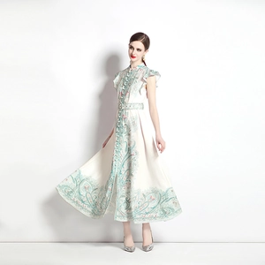 Vintage court style white A-line dress with teal paisley print and ruffled sleeves