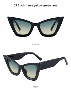 Front and 45-degree side views of black cat-eye sunglasses with yellow-green gradient lenses