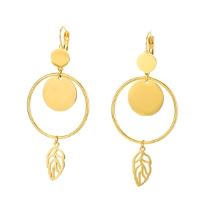 Gold circle drop earrings with hollow leaf pendant on a minimalist white background