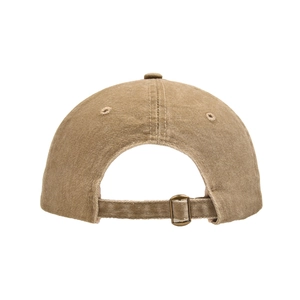 Back view of khaki washed cotton baseball cap with adjustable bronze metal buckle
