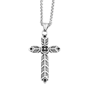 Collier avec pendentif croix en acier inoxydable argenté et motifs floraux vintage