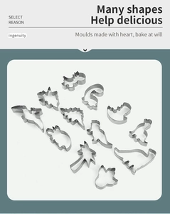 Collection of dinosaur and palm tree shaped stainless steel cookie cutters for baking
