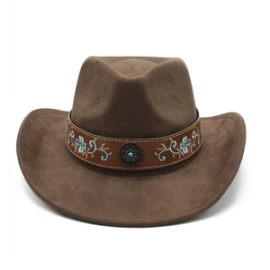 Chapeau de cowboy marron en suédine avec broderies florales et boucle en métal turquoise