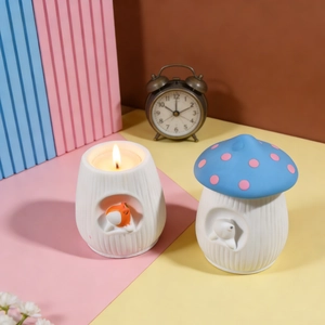 Ceramic mushroom container and candle holder with orange fox and blue polka dot lid