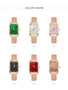 Detailed color show of women's square quartz watches with various dial colors and steel straps