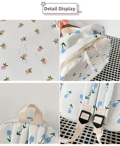 Floral backpack details featuring waterproof fabric, smooth dual zippers and adjustable straps