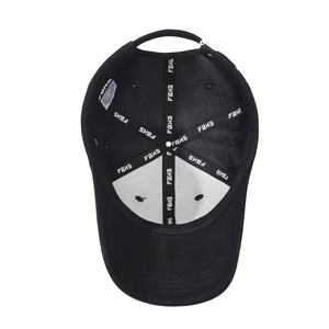 Inside view of black baseball cap with FBKS branded seam tape and care label