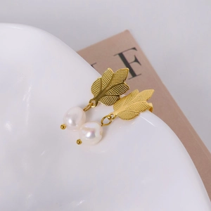 French vintage leaf drop earrings with white natural freshwater pearls in gold finish