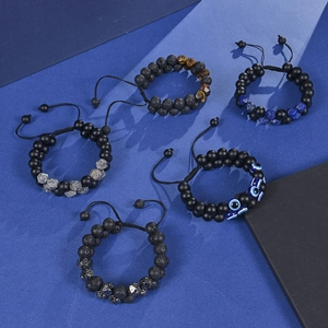 Double-layer handmade beaded bracelet with lava stone and tiger eye in blue geometric setting