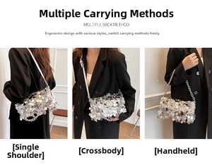 Silver sequin handbag showing shoulder, crossbody, and handheld styling methods