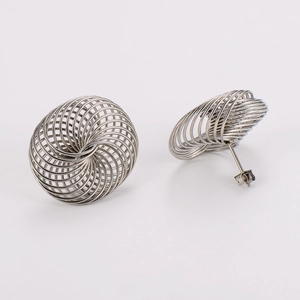 Silver geometric spiral knot stud earrings in minimalist stainless steel wire design