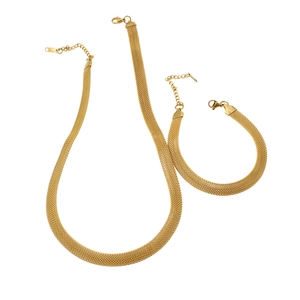Elegant 18k gold plated flat mesh necklace and bracelet jewelry set in minimalist style