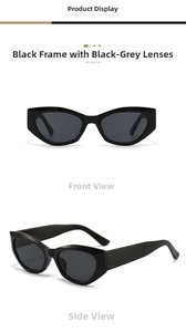 Close-up of black retro wide-leg sunglasses with dark grey lenses in front and side views