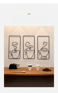 Three-piece minimalist black metal coffee cup wall art for modern dining room decor