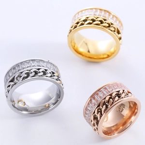 Baguette Zircon Wide Ring 316L Stainless Steel Cuban Chain Link Design Fashion Commuting Jewelry For Women