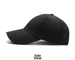 Side view of black quick-dry baseball cap featuring breathable laser-cut mesh holes
