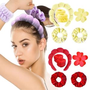 Plush sponge headband set with wristbands and scrunchies in purple, yellow, and red colors