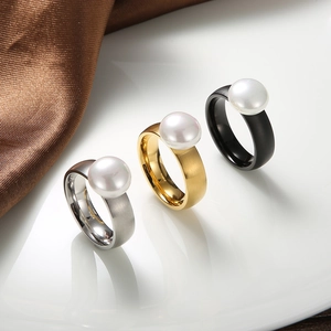 French Minimalist Artificial Pearl Ring Wide Band Stainless Steel Non-Fading Vintage Elegant Fashion Jewelry For Women