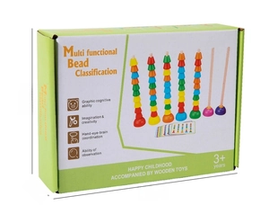 Detailed box dimensions of wooden bead sorting toy showing 23.5 x 16.5 x 5.7 cm size