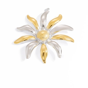 Two-tone 18K gold plated stainless steel flower pendant with a textured honeycomb center