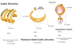Detailed size chart of C-shaped gold earrings with zircons and pink faux pearls