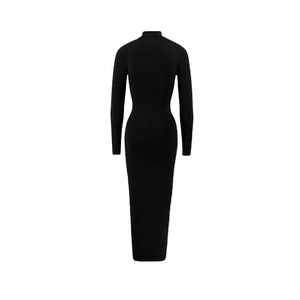 Back view of a slim fit black maxi dress with long sleeves and a high collar design