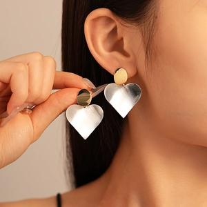 Heart Drop Earrings Two Tone Brushed Metal Geometric Minimalist Style With Steel Earring Post For Women Fashion Jewelry