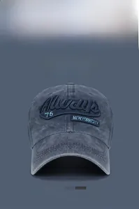 Macro detail of vintage washed cotton baseball cap with 3D embroidery and worn texture