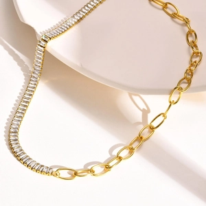 Gold titanium necklace with zircon tennis chain and oval paperclip links design