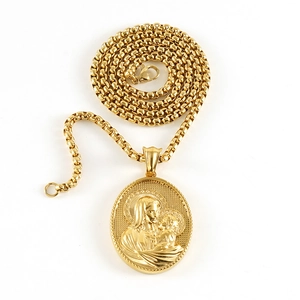 Collier en acier inoxydable plaqué or 18 carats avec pendentif ovale Vierge à l'Enfant