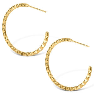 Detailed view of gold hoop earrings featuring a unique textured geometric studded design
