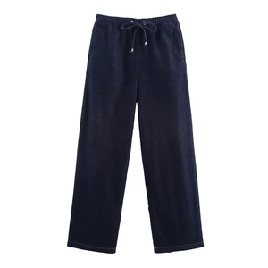 Pantalon de jogging en jean bleu foncé avec taille élastique à cordon et coupe droite
