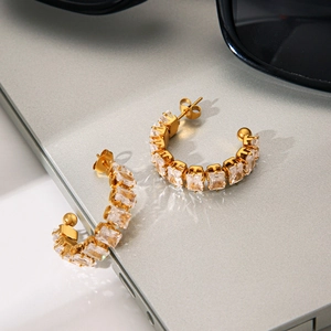 18K Gold Plated Stainless Steel C-Shape Hoop Earrings With Rectangular Zircon Geometric Minimalist Jewelry For Women