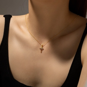 Elegant gold S925 sterling silver cross necklace with purple and clear zircon stones