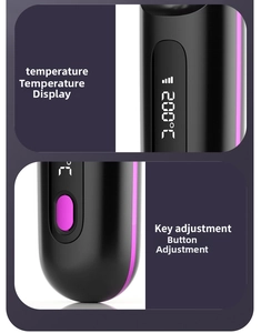 Detail of cordless hair straightener brush showing 200°C LED display and power button