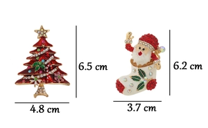 Detailed view of enamel Christmas tree and Santa Claus brooches with dimensions in cm