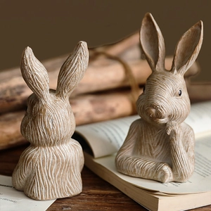 Rustic resin rabbit bust garden planters with vintage wood-carved texture for patio decor