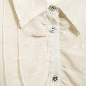 French romantic beige chiffon blouse with ruffled collar and silver pinstripe detail