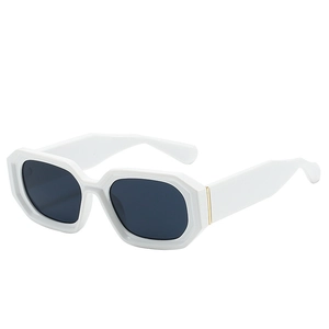 Retro geometric square white sunglasses with dark grey lenses and gold metal accents