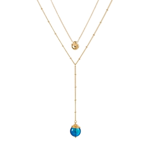 Collier double couche doré avec pendentif pois et pierre naturelle bleue enveloppée