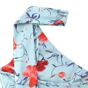 Abito allacciato al collo celeste con stampa floreale rossa e dettagli con nappe