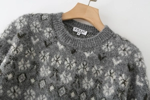 Macro detail of snowflake jacquard knit texture and gray fuzzy mohair fabric sweater