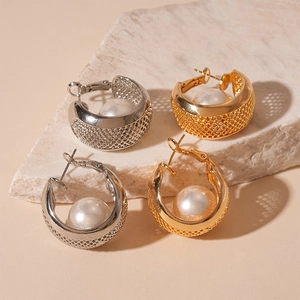 Gold and silver mesh textured hoop earrings with inlaid imitation pearls in C-shape