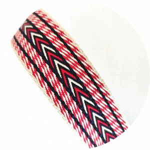 Macro view of woven ethnic shoulder strap with red and blue chevron pattern