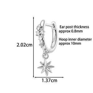 Unisex star pendant hoop earrings in silver finish with white zircon stones and dimensions