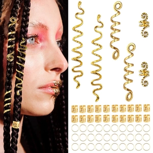 Golden spiral snake hair charms and alloy ring set for dreadlock DIY styling