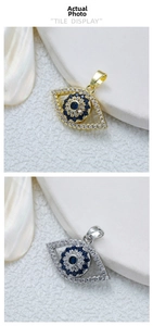 Macro detail of blue evil eye charms with cubic zirconia inlay in gold and silver plating