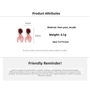 Detailed specs of red pom-pom carp tassel earrings featuring 9.5cm length and acrylic base