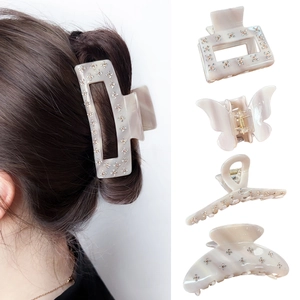 Elegant beige acetate shark hair claw clips set with sparkling rhinestones for women