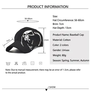Unisex cotton baseball cap with skull embroidery and detailed size specifications